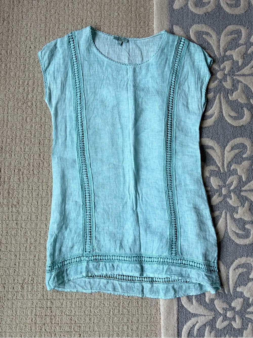 Aqua Blue Linen Crochet-Trim Scoop Neck Cover Up